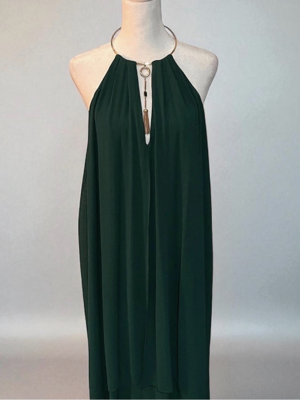 H&M Dark Green Halter Maxi Dress with Gold Ring Tassel